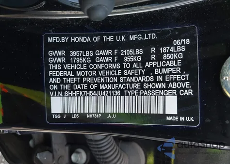 2018 Honda Civic Ex from USA, damaged, VIN SHHFK7H54JU421136
